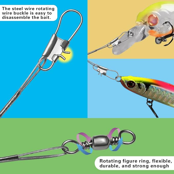 Benykyo Fishing Leader 40 lb High Strength Fishing Leaders with Swivels and Snaps，Steel Fishing Leaders Freshwater & Saltwater，Silver 60Pcs