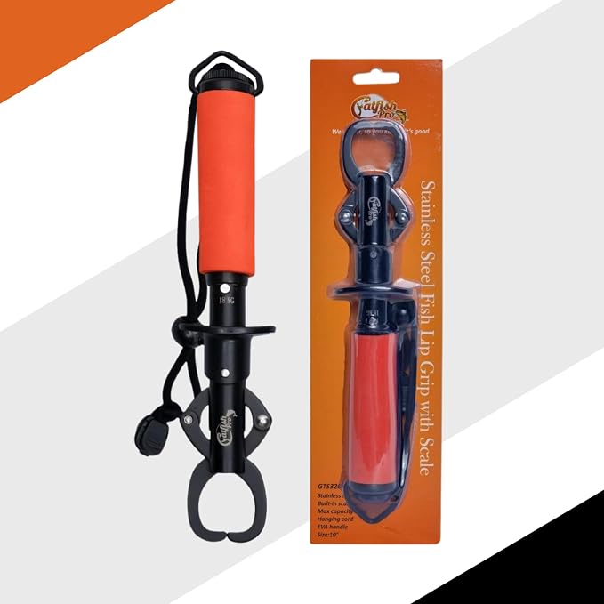 Catfish Pro Tournament Series Stainless Steel Fish Lip Gripper with Scale | One-Handed Operation | Rotating Head, Cushioned Handle, & Adjustable Lanyard for Easy, Precise, and Comfortable Fishing
