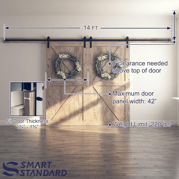 SMARTSTANDARD 14ft Heavy Duty Double Door Sliding Barn Door Hardware Kit - Smoothly and Quietly -Easy to Install -Includes Step-by-Step Installation Instruction Fit 42" Wide Door Panel