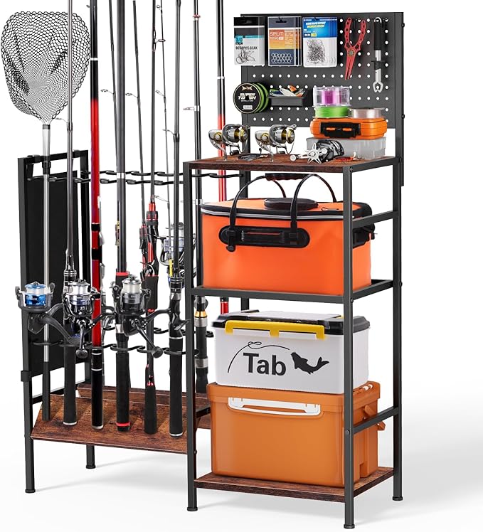 XOOL Fishing Rod Storage Rack for Garage, Holds up to 12 Rods, Heavy Duty Fishing Gear Organizer with Pegboard, 3-Tier Metal Stand with Shelves, Hooks & Accessory Storage