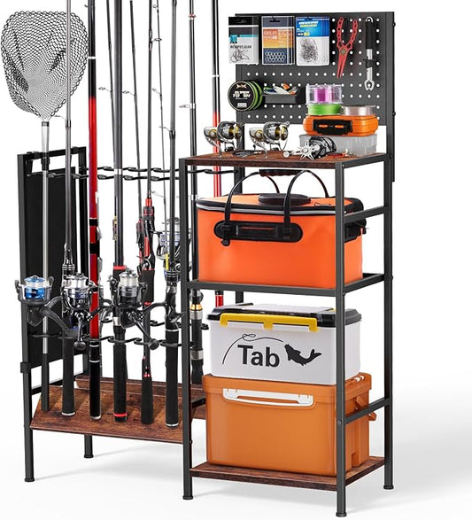 XOOL Fishing Rod Storage Rack for Garage, Holds up to 12 Rods, Heavy Duty Fishing Gear Organizer with Pegboard, 3-Tier Metal Stand with Shelves, Hooks & Accessory Storage
