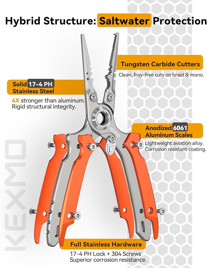 KEXMO 17-4 Stainless Steel Fishing Pliers, Anti-Twist Saltwater Hook Remover Tool, 7.17" Split Ring Pliers with Tungsten Cutters, Lightweight Aluminum Scales, Luminous Locking S-Carabiner