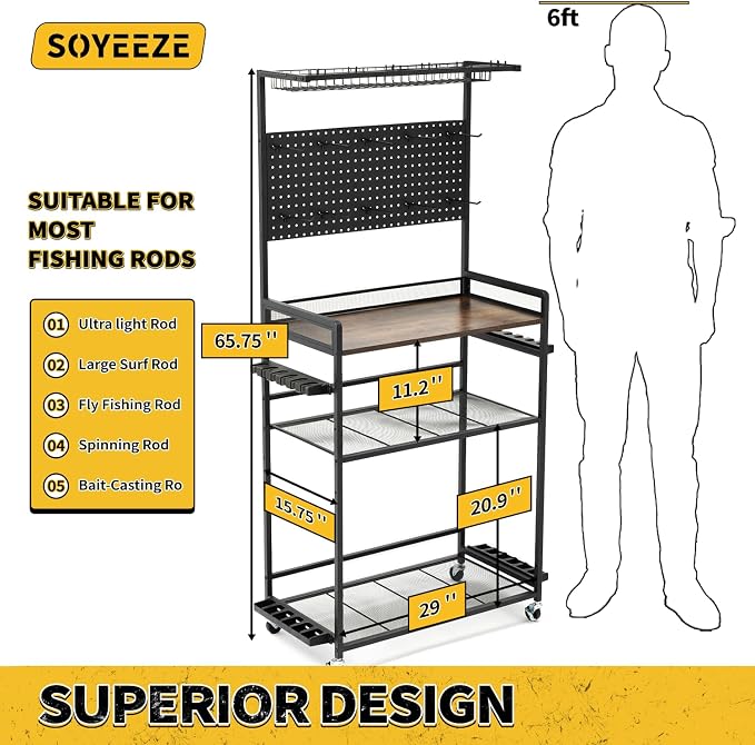 SOYEEZE Fishing Rod Holders for Garage,Fishing Gear Holder for Fishing Rod Tackle Box Storage，Fishing Pole Holders for 12 Rods with Hooks and Pegboard,Fishing Cart with Reel Rack, Large Size