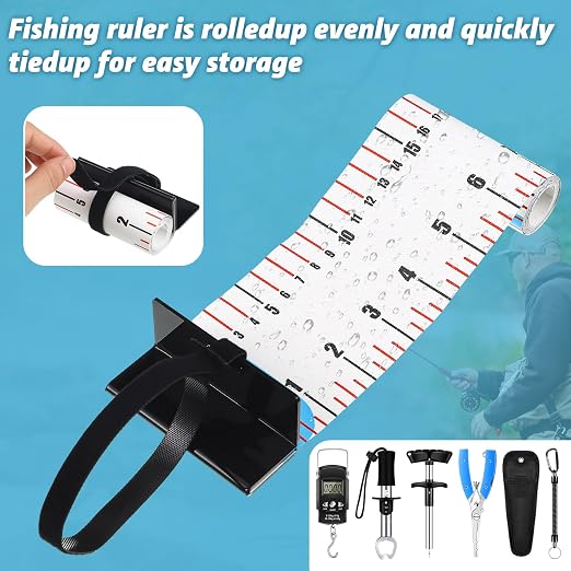 VioraWhite 7 Pcs 47 Inch PVC Fishing Ruler Bundle with Fishing Tools Easter Gifts for Men Anglers Loves Waterproof Roll-up Tape with Plier, Gripper, Hook Remover, Scale for Boat Kayak