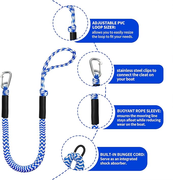Boat Bungee Dock Lines – Adjustable Boat Tie Downs for Pontoon, Jet Ski, PWC, Kayak | Single Hook Small Cruiser Mooring Lines | (2, Blue & White, 4 Feet)