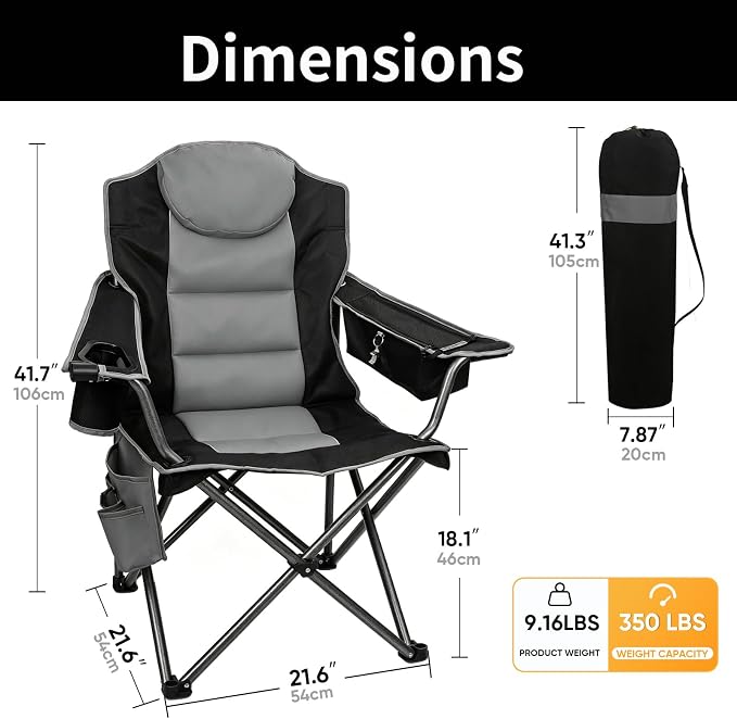 Colorsoul Oversized Camping Chair, Padded Portable Camping Chairs with Cup Holder, Cooler Bag and Shoulder Straps, Heavy Duty Outdoor Folding Chair for Camping, Beach, Fishing, Support 350 LBS, Black