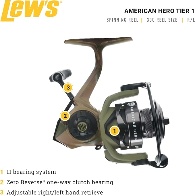 Lew's American Hero Tier 1 Spinning Fishing Reel, 6.2:1 Gear Ratio, Right or Left-Hand Retrieve, Aluminum Frame, Premium 11 Bearing System, Multicam