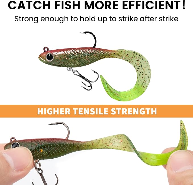 TRUSCEND Duramax Pre-Rigged Fishing Lures with BKK Jig Hooks, 10X Tear-Resistant TPE Soft Swimbaits for Bass Striper Trout Crappie Walleye Grouper, Lifelike Fishing Baits for Saltwater and Freshwater