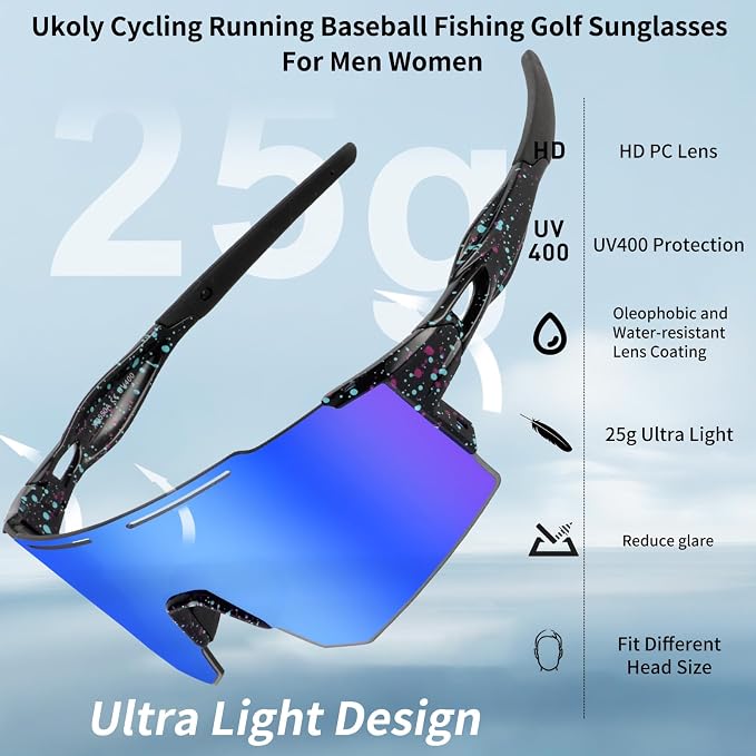 Ukoly Cycling Sunglasses for Men Women with 3 Interchangeable Lenses, Polarized Sports Sunglasses, Baseball Sunglasses