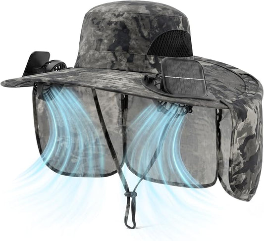 2 in 1 Wide Brim Sun Hat with 2 Solar Fans Sunshade UPF 50+ Garden Outdoor Fishing Beach Essential