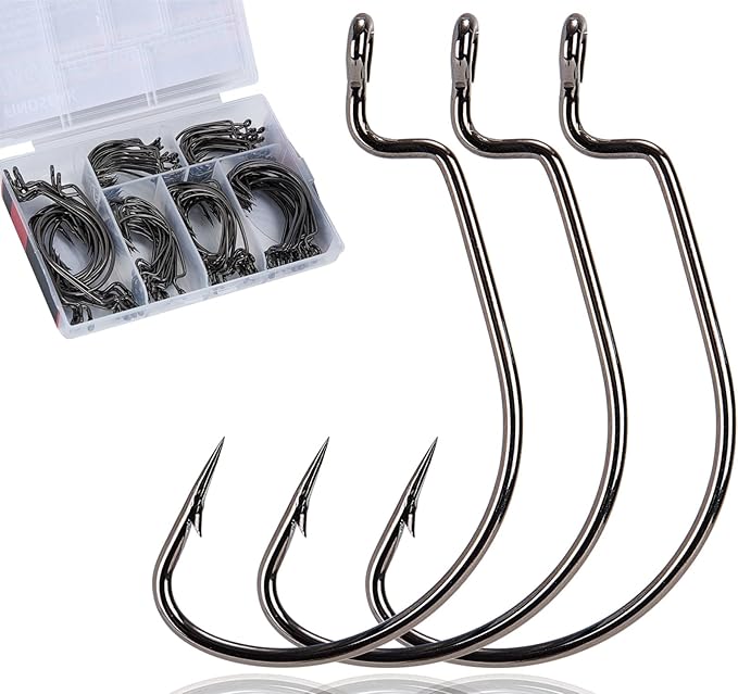 120Pcs Bass Hooks Set, Strong Offset Bass Fishing Hooks Freshwater Barbed Sharp Worm Hooks for Texas Rigging Fishing Extra Wide Gap 6 Sizes Assorted #1 1/0 2/0 3/0 4/0 5/0