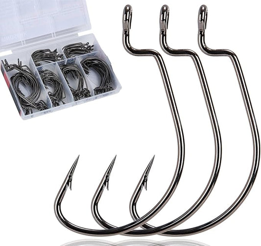 120Pcs Bass Hooks Set, Strong Offset Bass Fishing Hooks Freshwater Barbed Sharp Worm Hooks for Texas Rigging Fishing Extra Wide Gap 6 Sizes Assorted #1 1/0 2/0 3/0 4/0 5/0