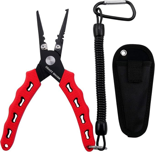 Fishing Pliers, Stainless Steel Fishing Tools, Saltwater Resistant Fishing Gear, Tungsten Carbide Cutters, Split Ring Pliers, Hook Remover with Coiled Lanyard and Sheath