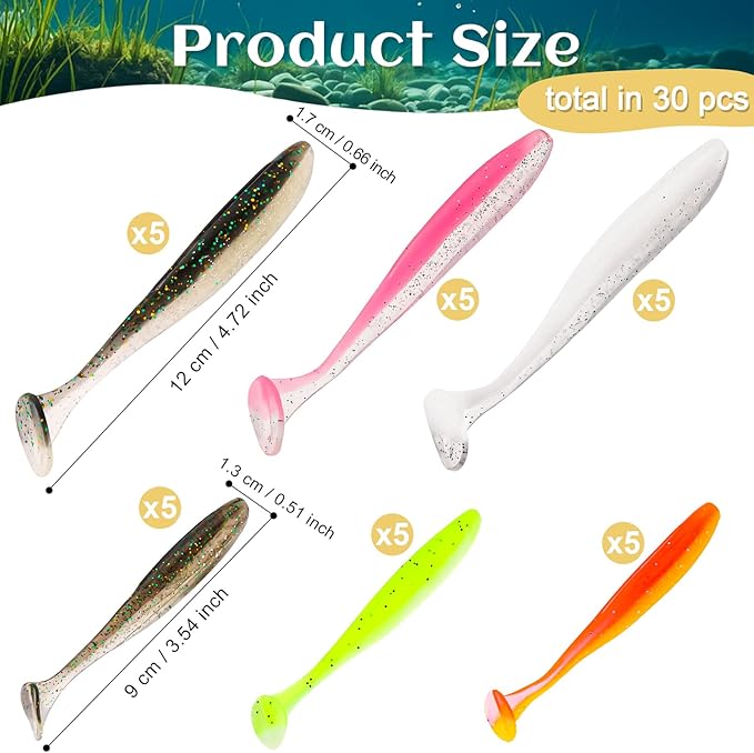 30pcs Soft Plastic Fishing Lures Paddle Tail Swimbaits Soft Baits Lure for Bass Crappie Trout Shad Freshwater Saltwater Fishing Mixed 3.5 Inch 4.7 Inch Swim Bait Kit with Box