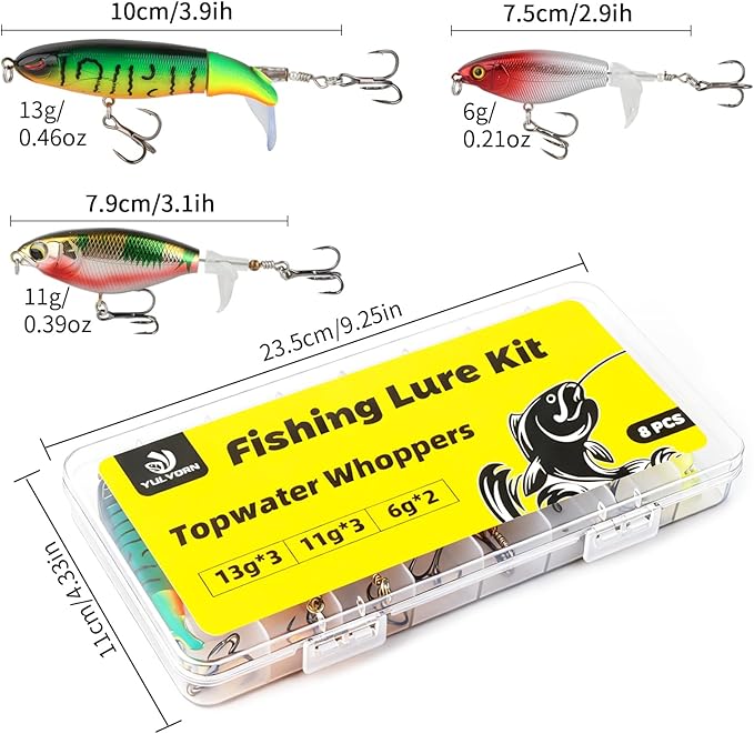 8PCS Fishing Lure Whopper Set, Top Water Plopper Bait for Bass, Popper Lures for Freshwater& Saltwater with Floating Rotating Tail and Sharp Barb Treble Hooks
