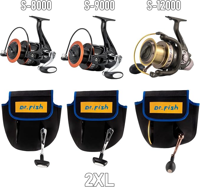 Dr.Fish Spinning Fishing Reel Cover, Fits 1000-6000+, Neoprene Protective Bag with Handle Slot, Spinning Reel Storage Case Pouch Accessories 6000+ 2 Pack