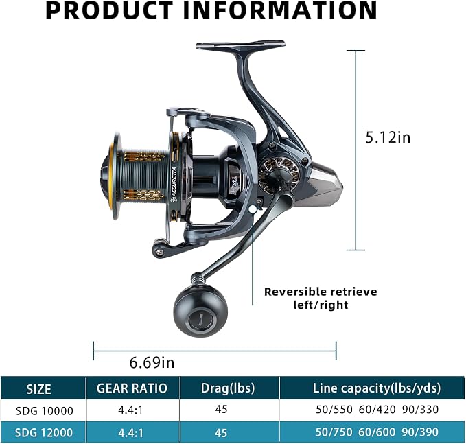 Fishing Spinning Reel, 10000/12000 Saltwater Spinning Reel, 45LBS Max Drag, CNC Aluminum Screw-in Handle & Spool, Oscillating Guide Rod System, Surf Fishing Reel for Beach & Boat Fishing