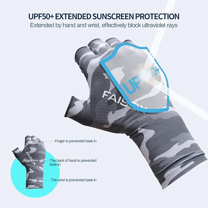 Fly Fishing Gloves Men Sun Sleeves Fingerless UPF Camo Quick-Drying UV Sun Protection for Kayak Rowing Adults Women