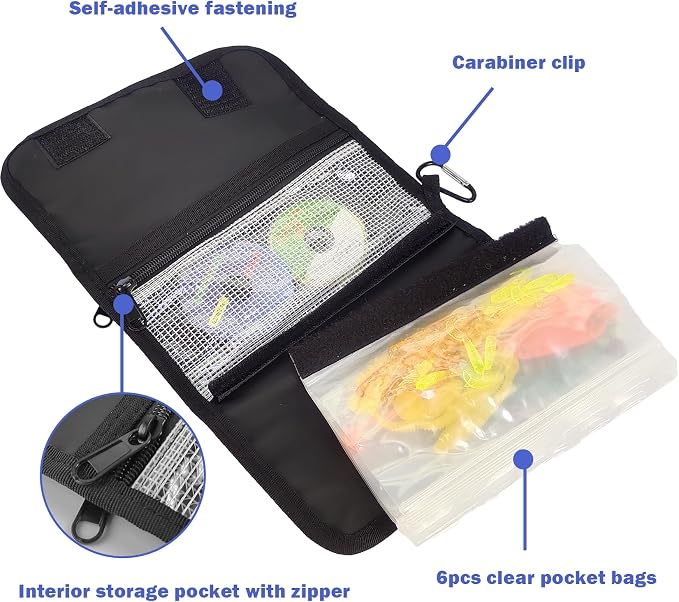 Aventik Soft Lure Storage Binder Bait Organizer– Durable Water-Resistant Fishing Tackle Wallet with 6 Clear Sleeves 2 Zipper Pockets & Carabiner for Worms, Rigs & Accessories (2pc-M:Blue+Red)