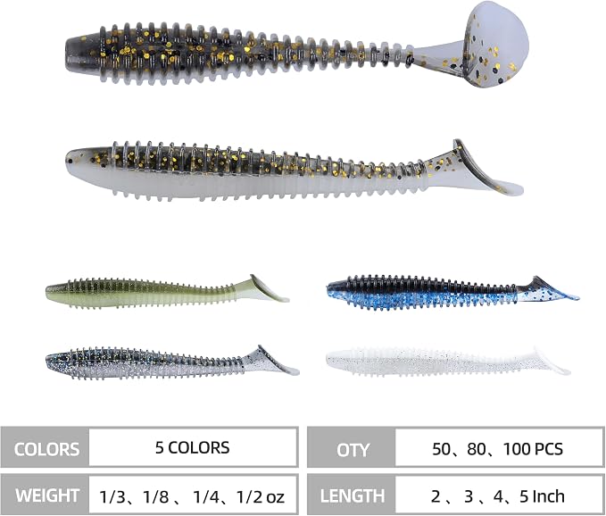 Paddle Tail Swimbaits 100/80/50PCS, 5/4/3/2 inch Soft Fishing Lures Bulk Pack – Durable Lifelike Action Lures for Bass, Trout, Crappie – Freshwater & Saltwater Fishing Gifts