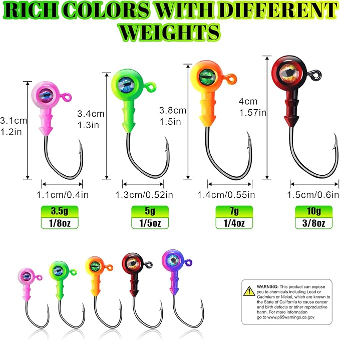 Crappie Jig Heads Painted Jigheads with 3D Eye Ball, 1/8oz to 3/8oz (20-40Pcs) - Sharp V-Shaped Hooks for Walleye, Bass & Panfish Fishing