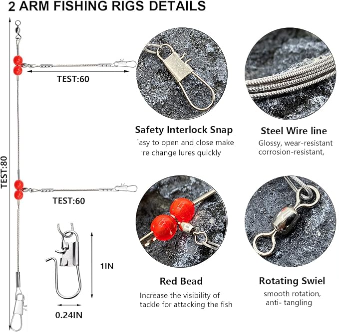 YOTO Fishing Leaders,Stainless Steel Tackle Rig with Tackle Lure Swivels Snaps, Saltwater rig Wire Leader Fishing Leader Wire Bottom rigs for Saltwater