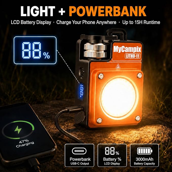 Portable Camping Light, 3500LM Adjustable LED Camping Lantern Rechargeable with 2.5-15H Runtime&Screen, Alloy Waterproof Camp Light for Power Outages, Emergency, Hurricane(2-Pack Orange)