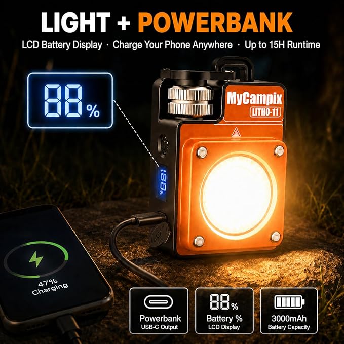 Portable Camping Light, 3500LM Adjustable LED Camping Lantern Rechargeable with 2.5-15H Runtime&Screen, Alloy Waterproof Camp Light for Power Outages, Emergency, Hurricane(Orange)