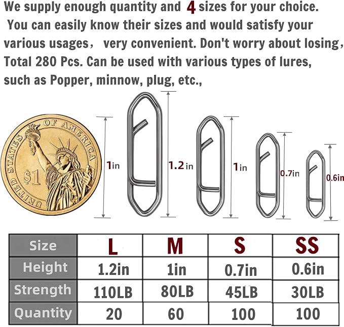 280Pcs/Box Stainless Steel Fishing Power Speed Clips (SS:100Pcs,S:100Pcs,M:60Pcs,L:20Pcs) High Strength Fishing Connector Swivels Snaps for Quick Change Lure Tackle Saltwater Freshwater