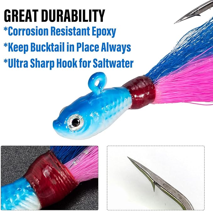 Dr.Fish 3 Pack Bucktail Jig Lure Hair Jig Saltwater Freshwater Lures Surf Fishing Bass Flounder Striper Bluefish Halibut Redfish