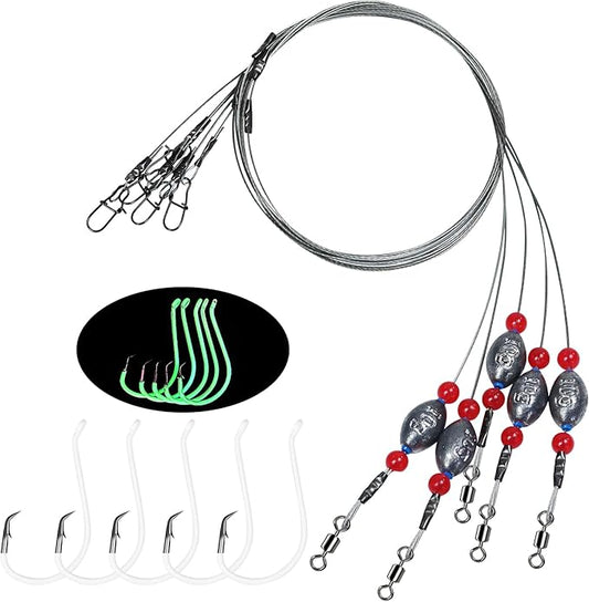 Fishing Egg Sinker with Soft Plastic Core Weight Rigs 5pcs Flounder Rig Saltwater,176.37lb Fishing Wire Leader with Egg Sinker Swivels Snap, Grouper Bottom Fishing Rigs