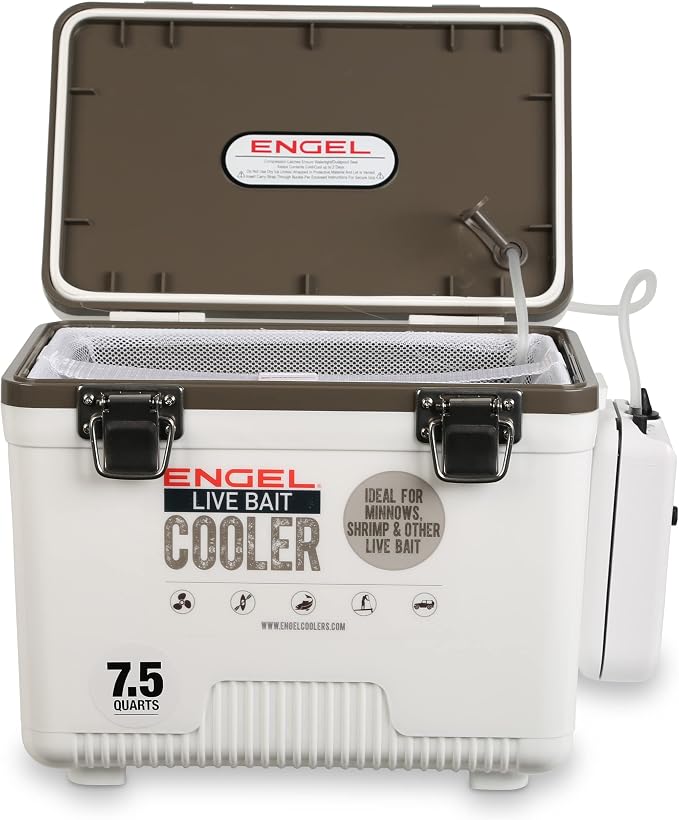Engel Live Bait Cooler Box with 2nd Gen 2-Speed Aerator Pump - Portable Fishing Station & Minnow Bucket for Shrimp & Other Live Fish with Aerator - ENGLBC-N