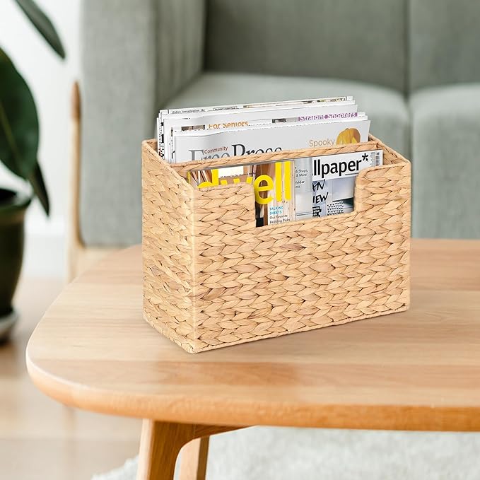 Handwoven Divided Water Hyacinth Wall Magazine Holder - Natural Hanging Organizer for Mail, Newspapers & Magazines, Books & Files - Divided Magazine Basket for Entryway, Living Room, Office