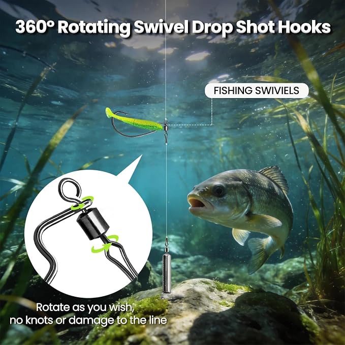 FishTrip 30pcs Swivel Drop Shot Hooks Fishing Rig, EWG Dropshot Hook Rigging for Bass Fishing with Swivel Saltwater Freshwater Sizes 4, 3, 2, 1, 1/0, 2/0, 3/0