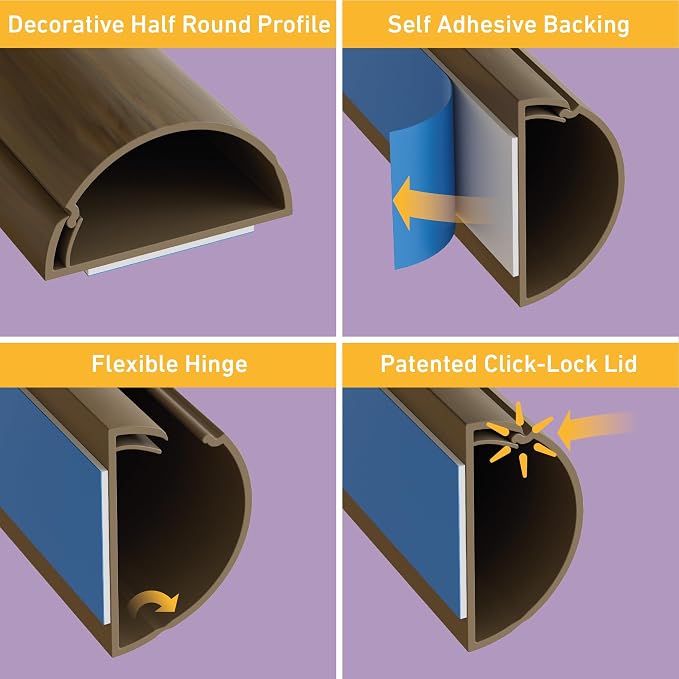 D-Line Half Round Cord Hider, Patented Cable Cover, Hide TV Wall Mount Wires, Raceway for Cords, Decorative Wire Covers, Paintable, Adhesive Cable Concealer, 2in W x 1in H x 39in L, Wood-Effect