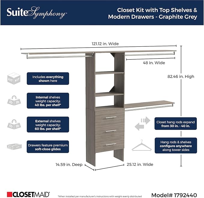 ClosetMaid SuiteSymphony Wood Closet Organizer Kit with Tower, 3 Hang Rods, Top Shelves, 3 Drawers, Modern, Fits Spaces 6 - 10 ft. Wide, Graphite Grey