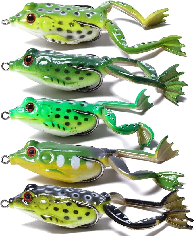 Frog Lure, Topwater Fishing Lures, Frog Lures for Bass Fishing, Top Water Frog Soft Swimbaits with Weedless Fishing Lures for Bass Trout Pike Snakehead,5pcs with Box