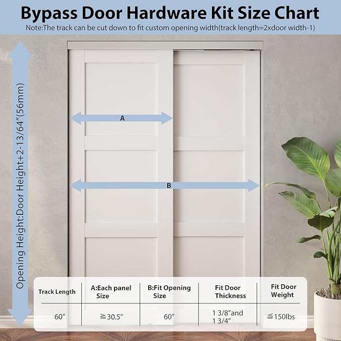 Sdstone Heavy Duty Bypass Door Hardware 60"/5FT,Aluminum Sliding Closet Door Track Hardware for Cabinet Closet, Pocket Door Track Rail Set, Smoothly and Quietly