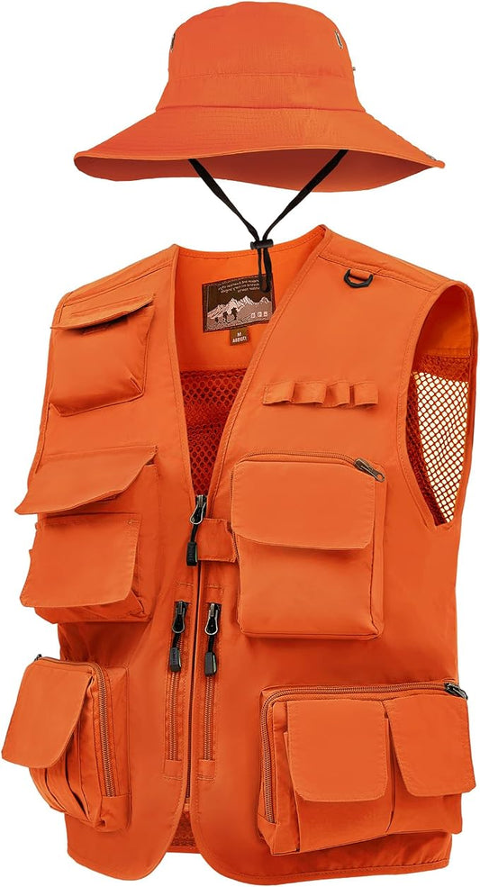 Shihanee 2 Pcs Men's Fishing Vest Sun Hat Multi Pocket Safari Vest for Outdoor Hiking Summer Travel