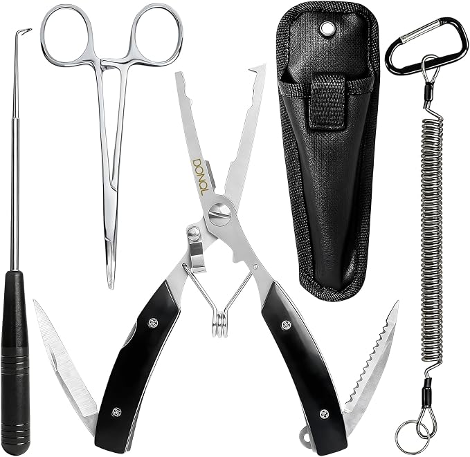 DONQL 6in Fishing Pliers Tools Kit, Fishing Pliers Hook Remover, Fishing Scissors Line Cutter, Saltwater Resistant Fishing Gear with Lanyard, Multifunctional Fishing Hook Remover Gifts