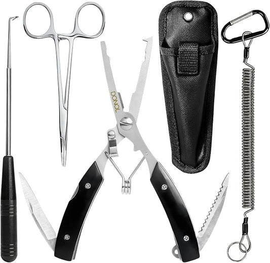 DONQL 6in Fishing Pliers Tools Kit, Fishing Pliers Hook Remover, Fishing Scissors Line Cutter, Saltwater Resistant Fishing Gear with Lanyard, Multifunctional Fishing Hook Remover Gifts