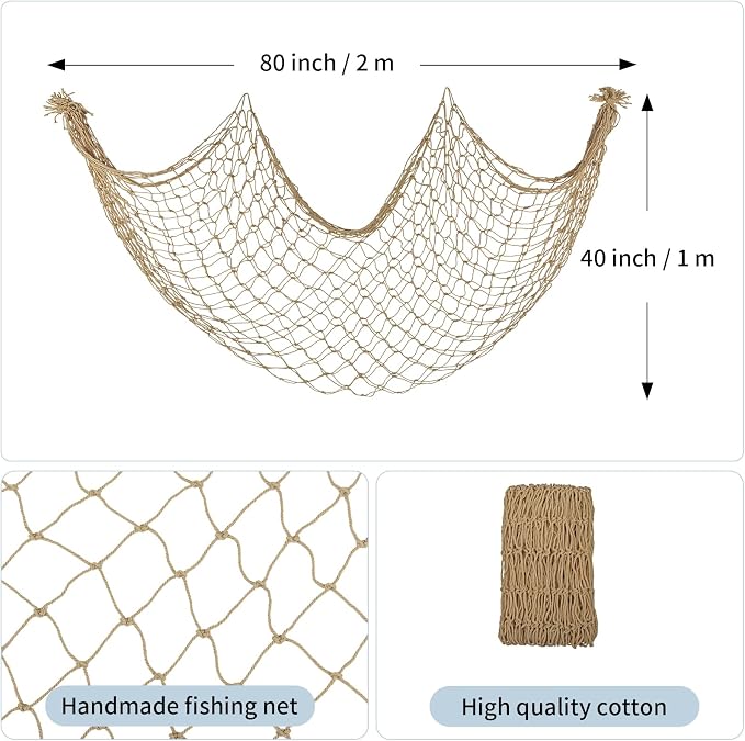 Patioland Decorative Fishing Net 2 Pack, 80x40 Inch Large Caramel Fish Net Decor for Wall, Photo Display, Nautical Mermaid Pirate Ocean Themed Beach Hawaii Under the Sea Party Decorations