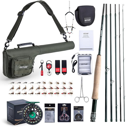 Goture Fly Fishing Rod and Reel Combo with Fly Rod & Gear Case, 9FT 4-Piece Fly Rod, Pre-Spooled Reel, Fly Line, Flies, Leader, Tippet, Forceps, Nipper and Complete Starter Kit