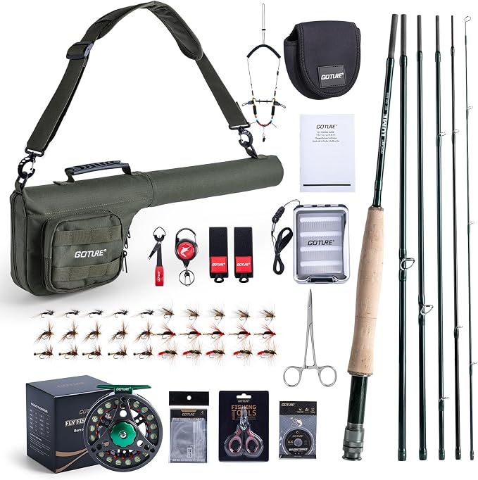 Goture Fly Fishing Rod and Reel Combo with Fly Rod & Gear Case, 9FT 4-Piece Fly Rod, Pre-Spooled Reel, Fly Line, Flies, Leader, Tippet, Forceps, Nipper and Complete Starter Kit