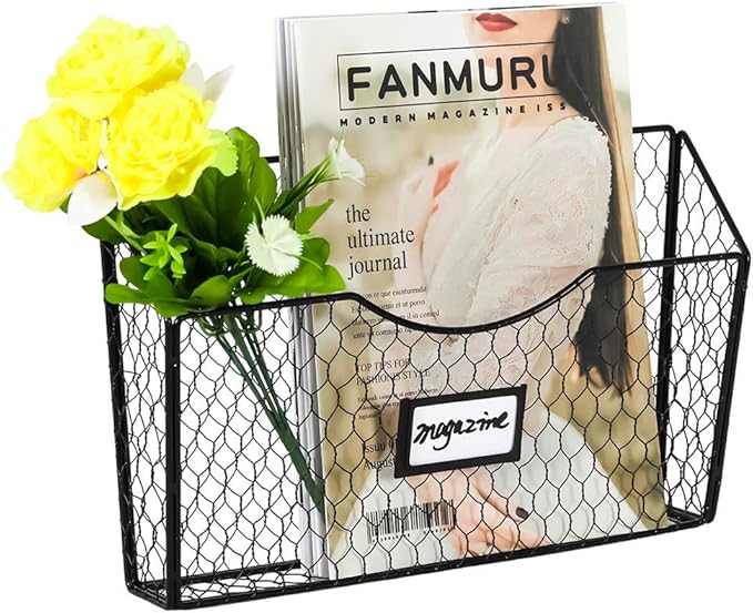 PAG 3 Pockets Hanging File Holder Wall Mount Mail Organizer Metal Chicken Wire Magazine Rack with Tag Slot, Black