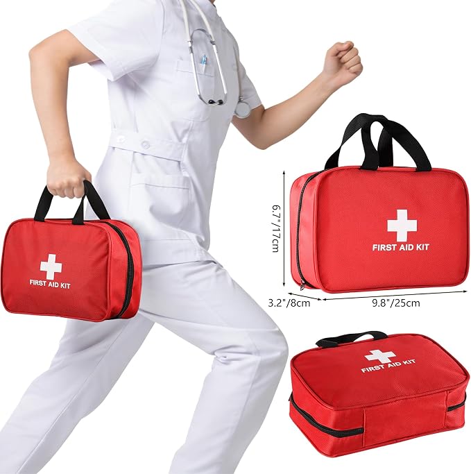 382 Piece Portable First Aid Kit, Emergency Preparedness Supplies for Home, Car, Travel, Camping, Office and Outdoor Use, Compact Red Bag with Assorted Bandages, Gauze and Care Accessories
