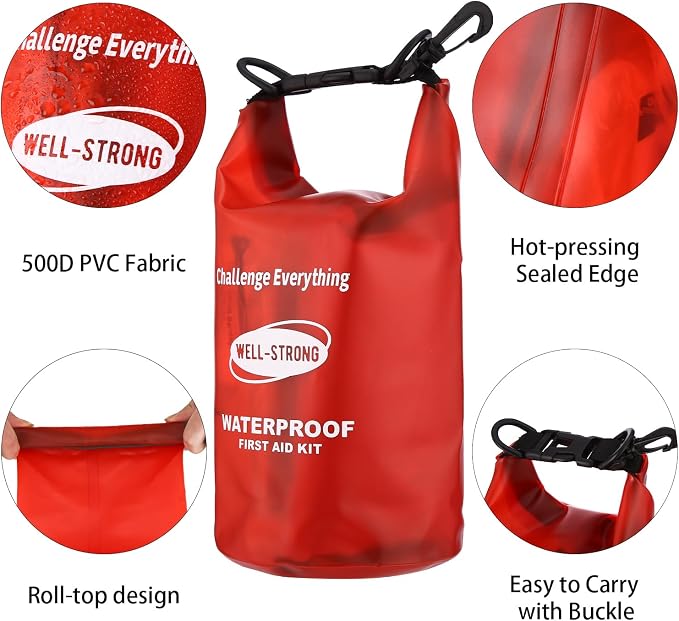 Emergency First Aid Kit for Boating, Fishing & Kayaking – Waterproof Medical Supplies with Roll Top Design, 2L Capacity, Transparent Red