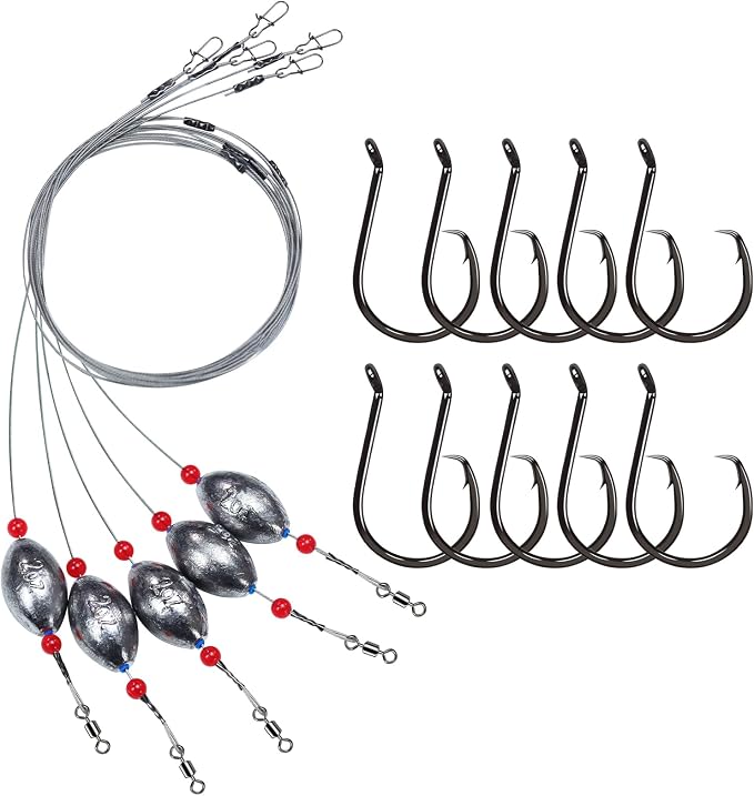 Pre-Rigged Carolina Rig Saltwater, Egg Sinker Grouper Rigs with 10 Circle Hooks, Stainless Steel Leader Fishing Wire, for Snapper Flounder Sea Bass Surf Fishing Bottom Rig
