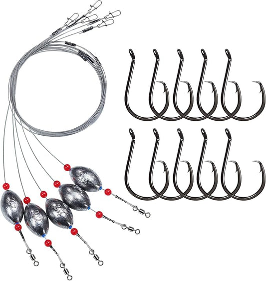Pre-Rigged Carolina Rig Saltwater, Egg Sinker Grouper Rigs with 10 Circle Hooks, Stainless Steel Leader Fishing Wire, for Snapper Flounder Sea Bass Surf Fishing Bottom Rig