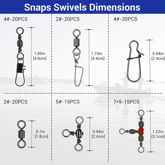 110Pcs Strong Fishing Snap Swivels Kit, Include Rolling Barrel Swivels, Premium 3 Ways Fish Line Connector with Snaps Clips, Fishing Terminal Accessories Tackle Box for Lures Sinkers